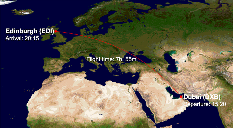 EK23 route map from Dubai (DXB) to Edinburgh (EDI)