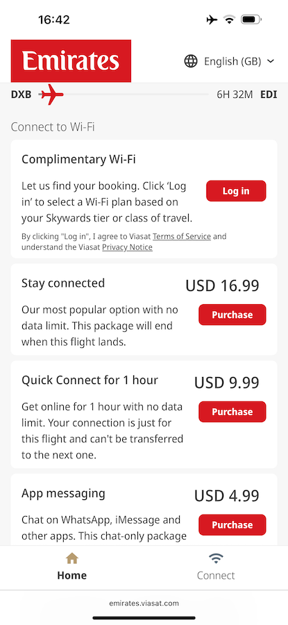 Emirates Wi-Fi connectivity options on EK23