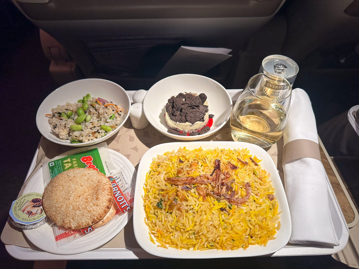 Chicken biryani for dinner in Emirates Premium Economy