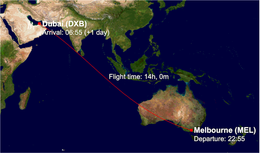EK405 route map from Melbourne (MEL) to Dubai (DXB)