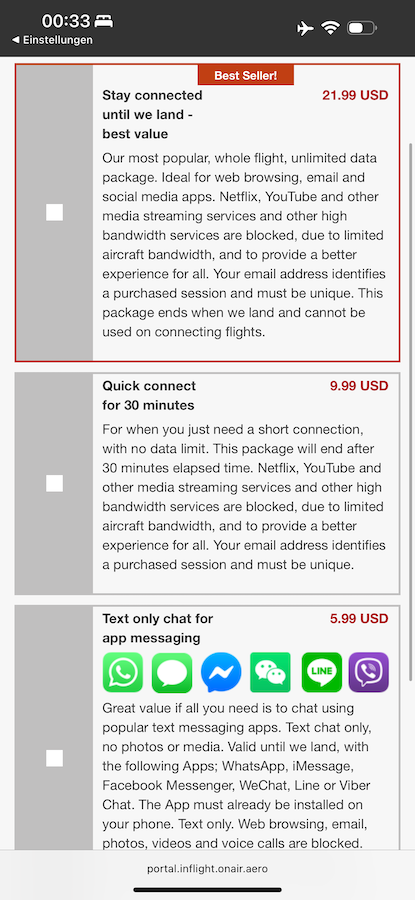 Emirates Wi-Fi pricing on the MEL-DXB route