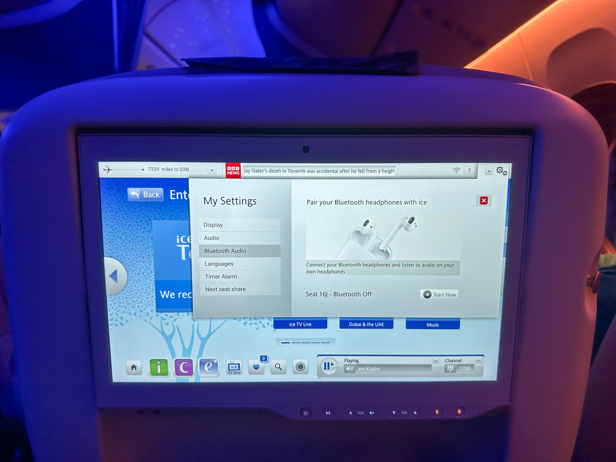 Emirates in-flight entertainment ICE system with bluetooth connectivity