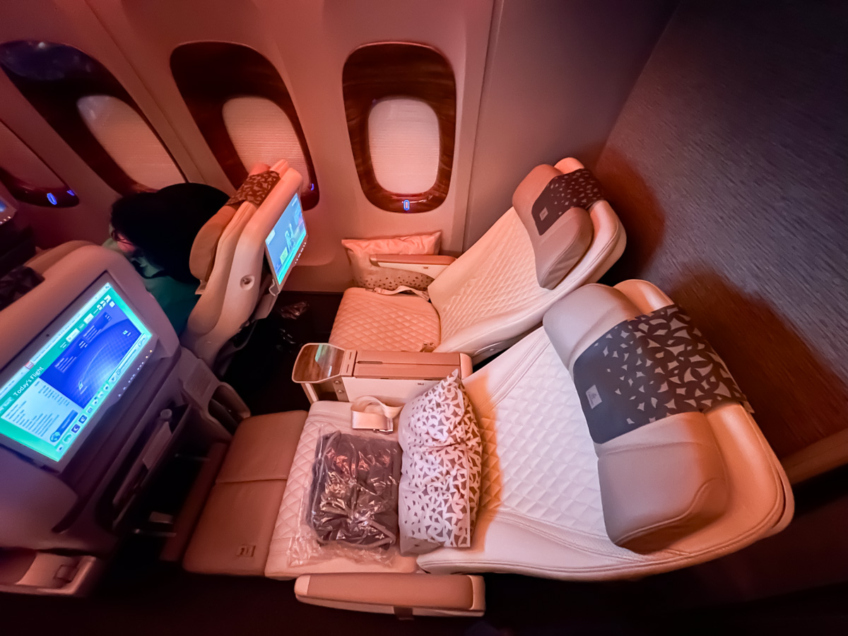 Emirates 777-300ER Premium Economy seat in the fully reclined position
