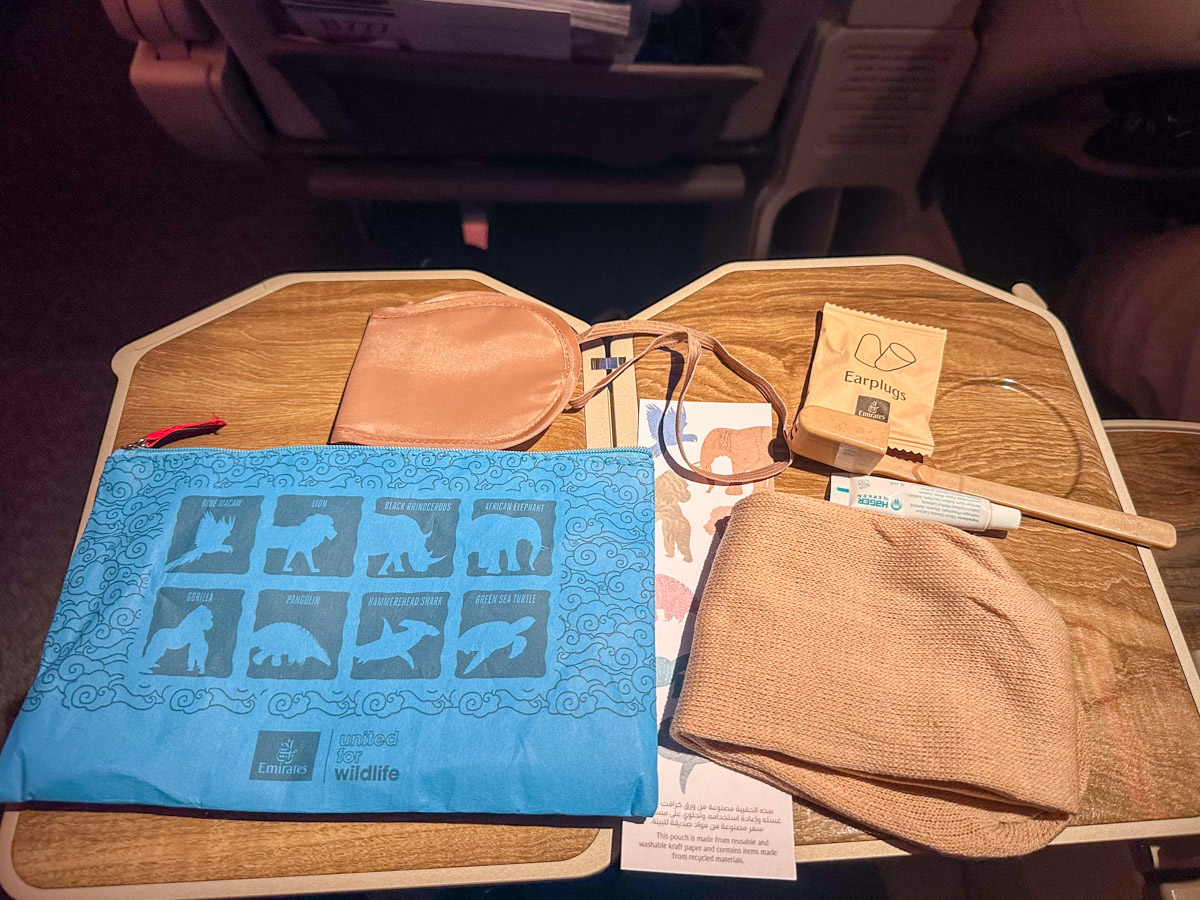 Emirates Premium Economy amenity kit and contents