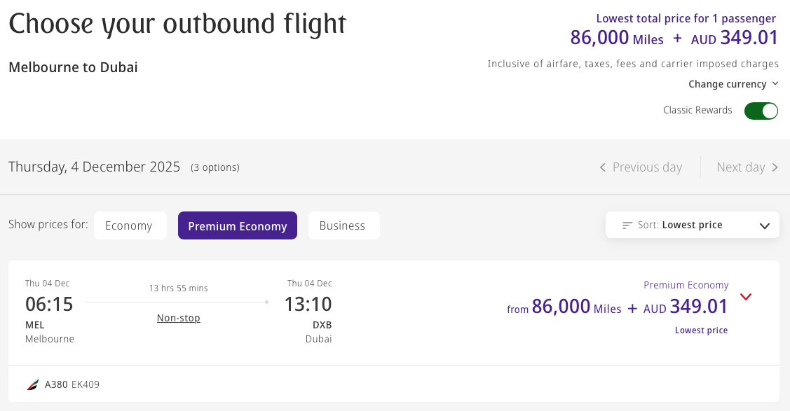 Classic Reward from MEL to DXB in Premium Economy on the Emirates website