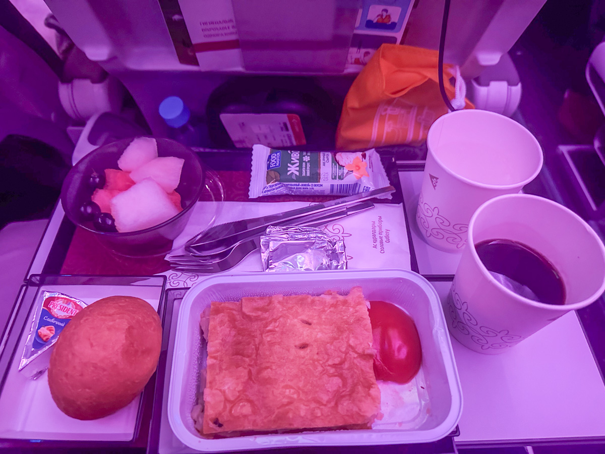 Air Astana economy class breakfast of potato pie