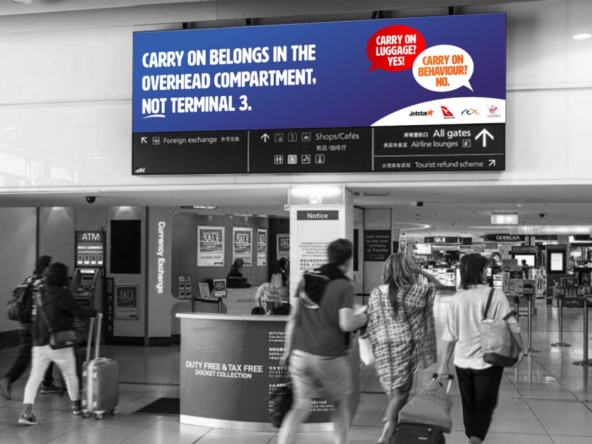 Airport signage from the 2021 "No More Carry On" campaign in Australia