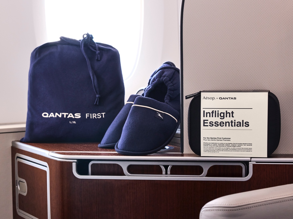Qantas first class pyjamas, slippers and Aesop amenity kit