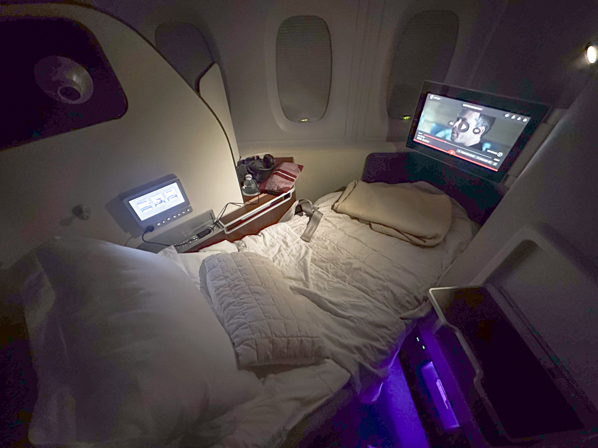 Qantas A380 First Class bed with mattress and pillows