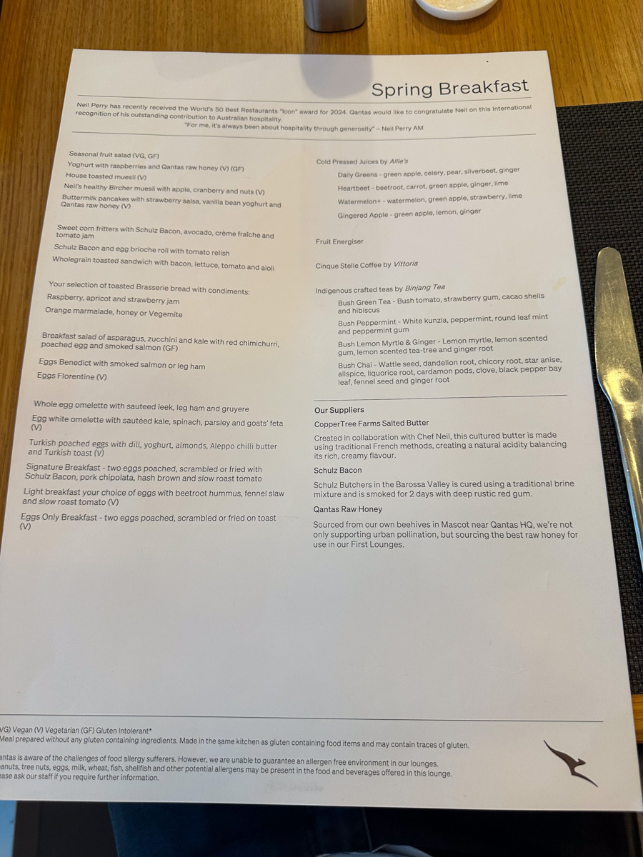 Spring breakfast menu in the Qantas First Lounge in Sydney