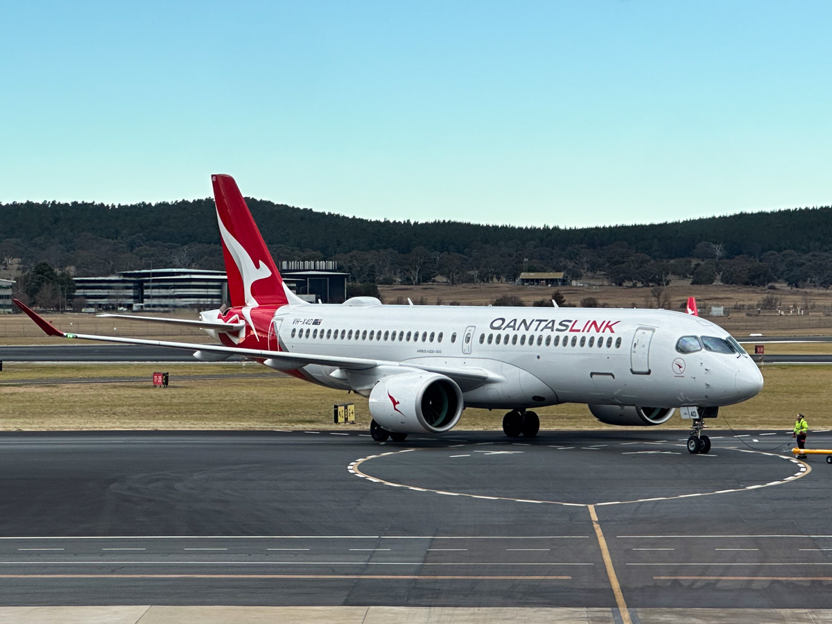 A QantasLink Airbus A220 at Canberra Airport