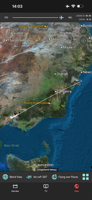 SYD-MEL moving map on the Qantas Entertainment app