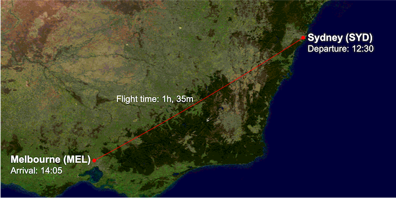 QF443 route map from Sydney (SYD) to Melbourne (MEL)