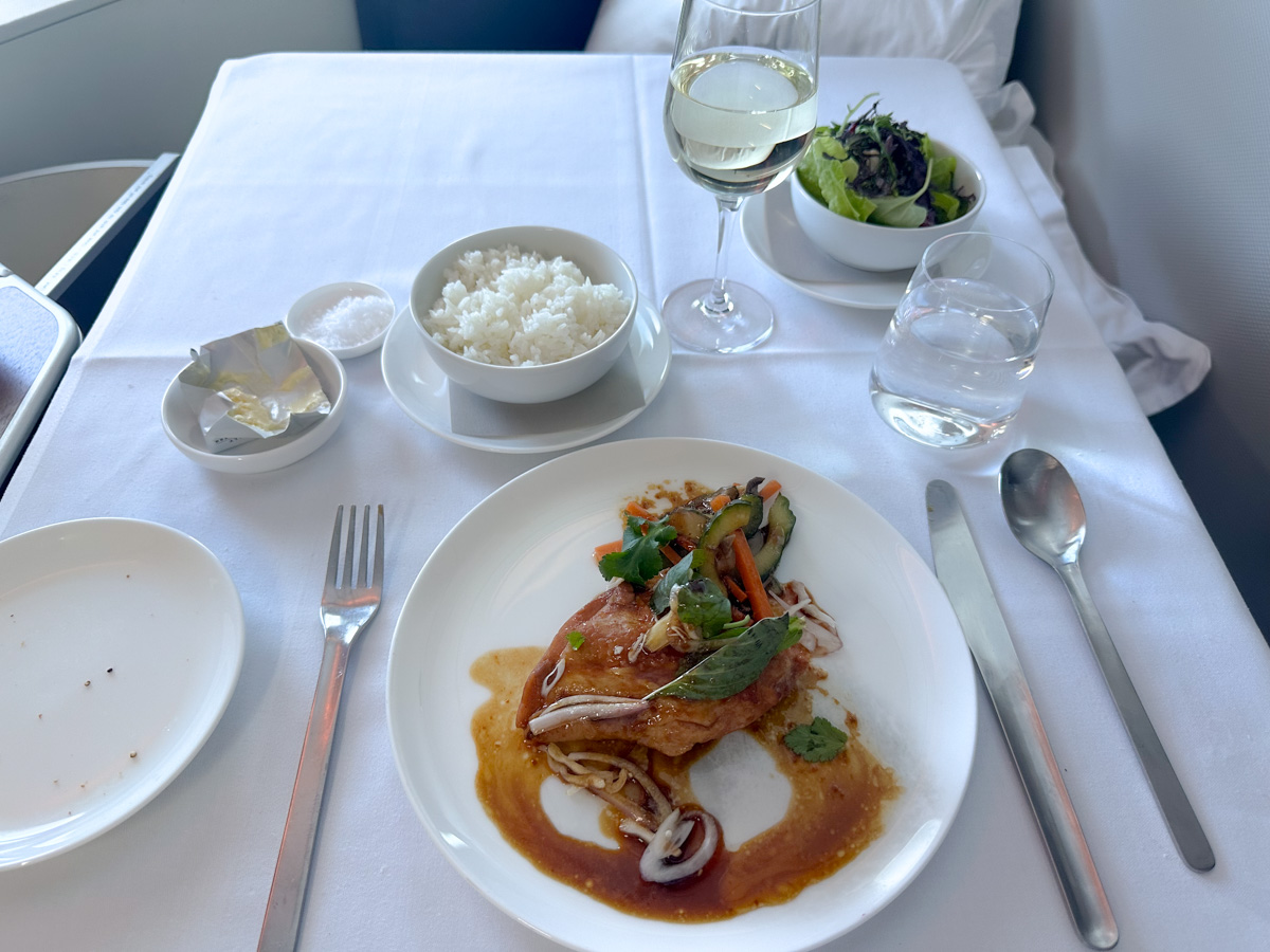Char siu chicken breast with Sichuan pickles, jasmine rice, herb salad and black vinegar dressing