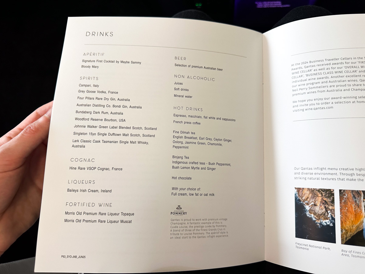 The Qantas First Class drinks list on QF63