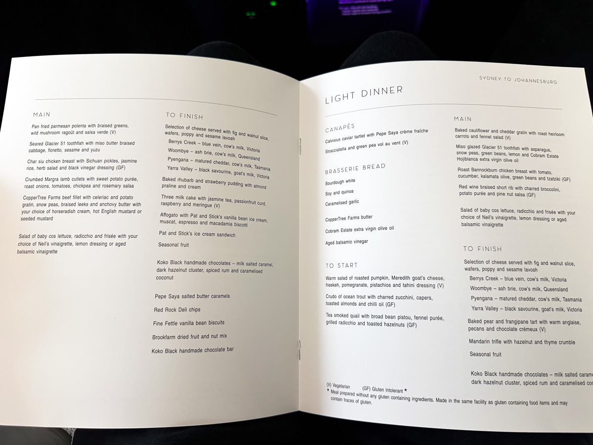 Qantas First Class menu on QF63