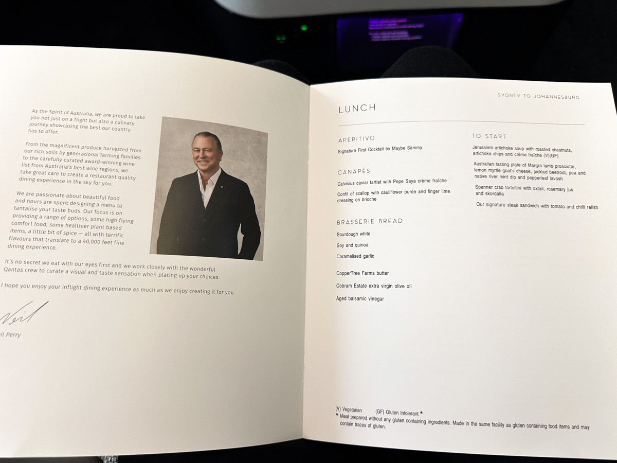 Qantas First Class menu on QF63