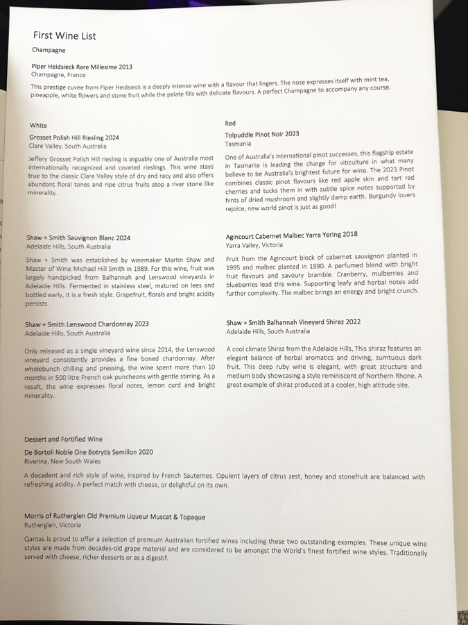 Qantas First Class wine list