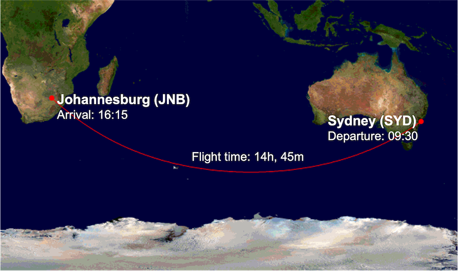 QF63 route map from Sydney (SYD) to Johannesburg (JNB)