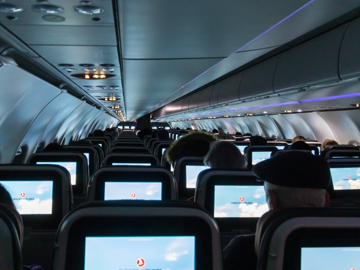 Red-eye overnight flight in economy class on a Turkish Airlines Airbus 320 family jet