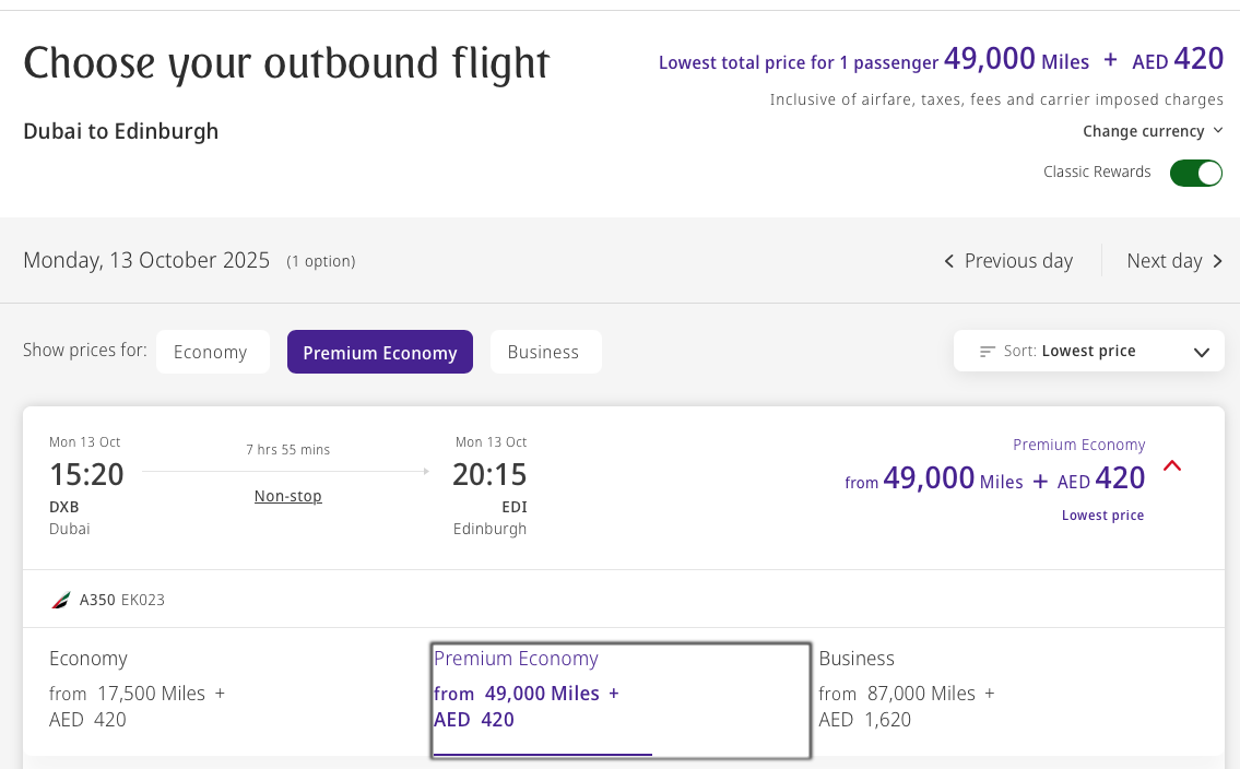Example of a Skywards Classic Reward redemption on the DXB-EDI route on the Emirates website