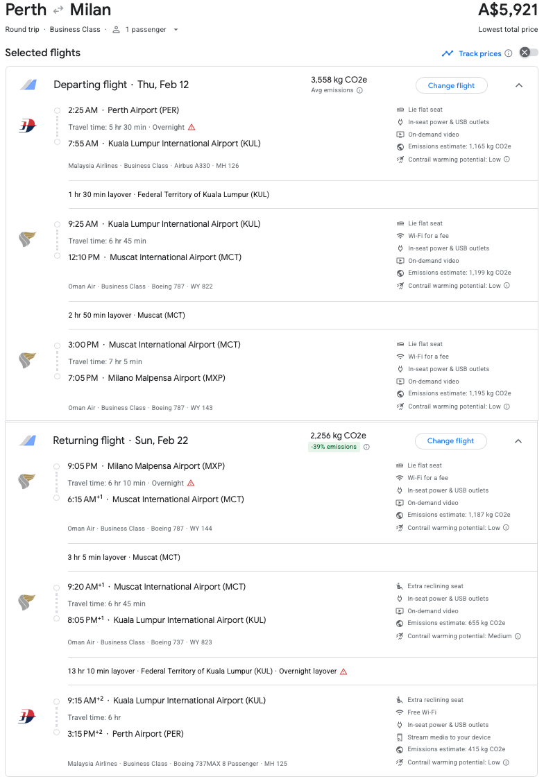 PER-MXP WY Business fare on Google Flights