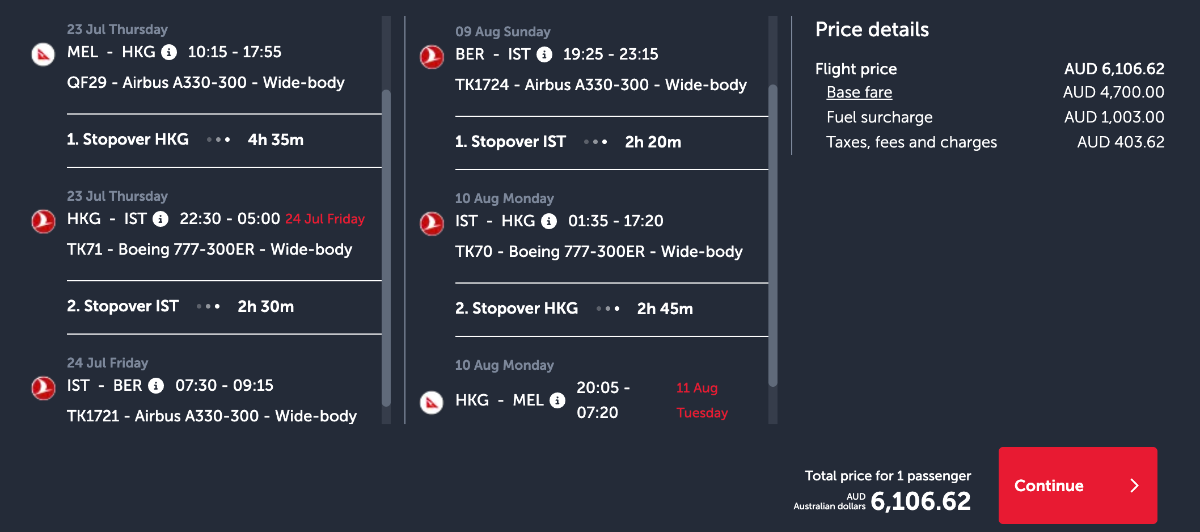 Screenshot of Turkish Airlines website, showing the Business Class fare from Melbourne to Berlin.