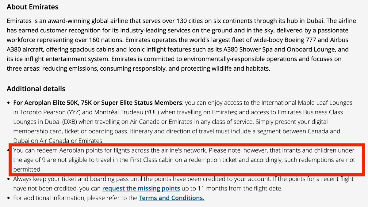 Screenshot showing age restriction for Emirates First Class redemptions on Aeroplan