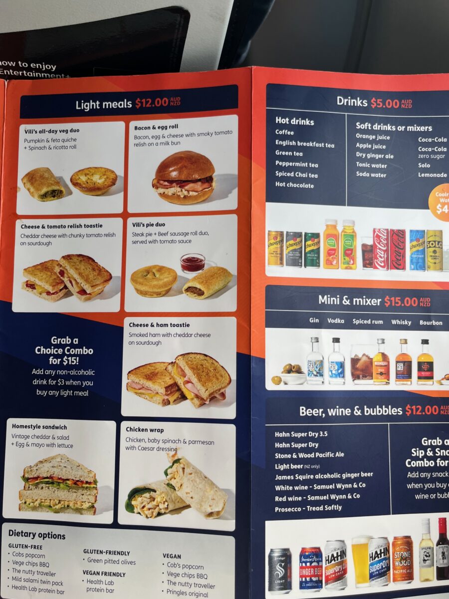 Two pages from the Jetstar buy on board menu