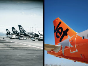 Composite image of 3 Air New Zealand tails and an orange Jetstar tail