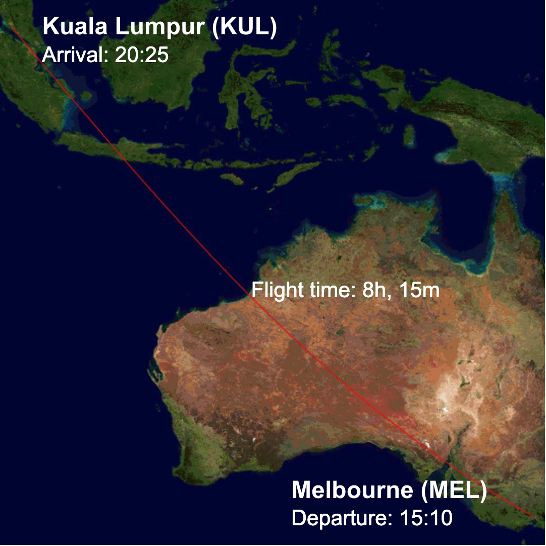Flight time from to Melbourne to Kuala Lumpur