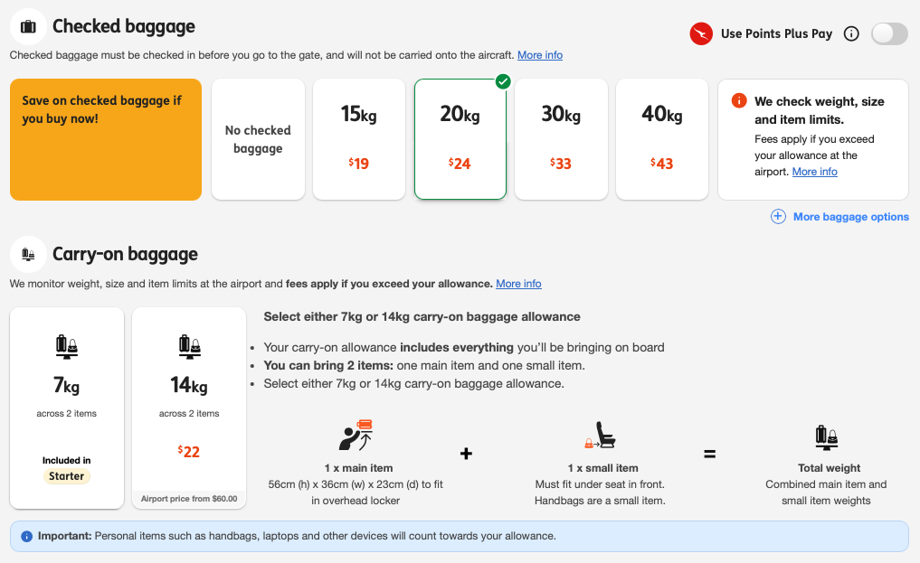 Baggage options when booking a flight on the Jetstar website