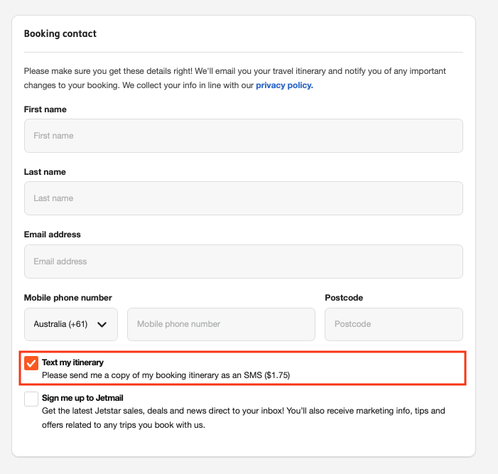Jetstar website showing the booking contact section in the booking flow, with the SMS charge highlighted