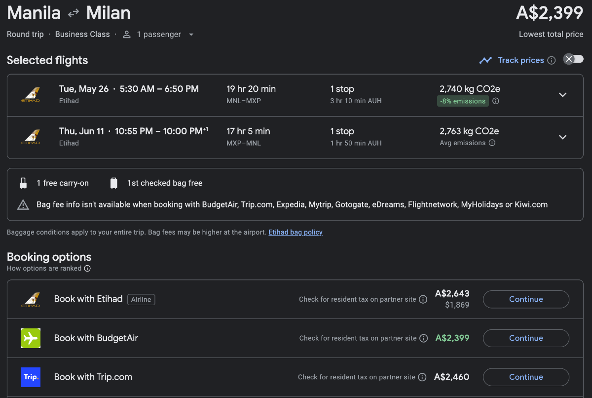 Screenshot of Etihad Business Class fare from Manila to Milan