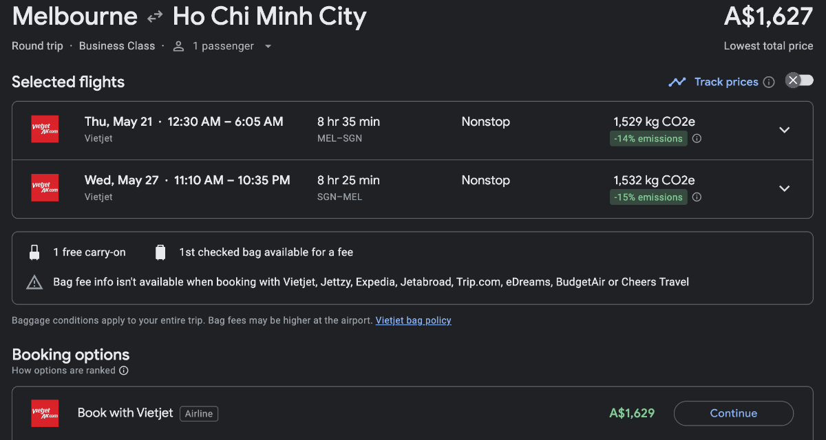 Screenshot of Google Flights, showing VietJet Business Class flights from Melbourne to Ho Chi Minh City