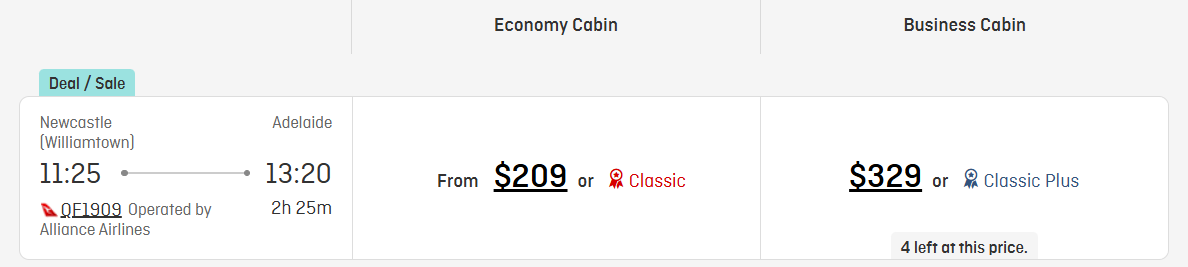 NTL to ADL in Business Class sale