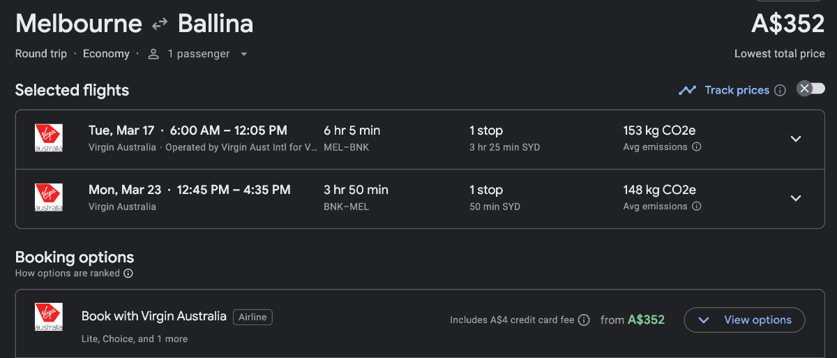 Screenshot of Google Flights showing Melbourne-Ballina