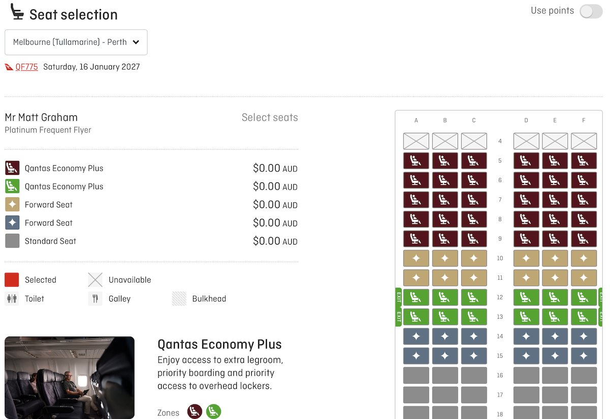 Qantas MEL-PER 737 seat selection with Economy Plus for a Platinum frequent flyer