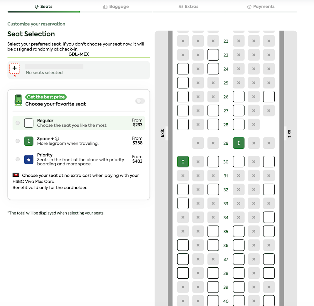 Seat map for a Viva flight GDL-MEX