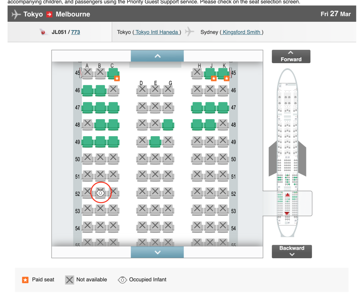 Japan Airlines seat selection page