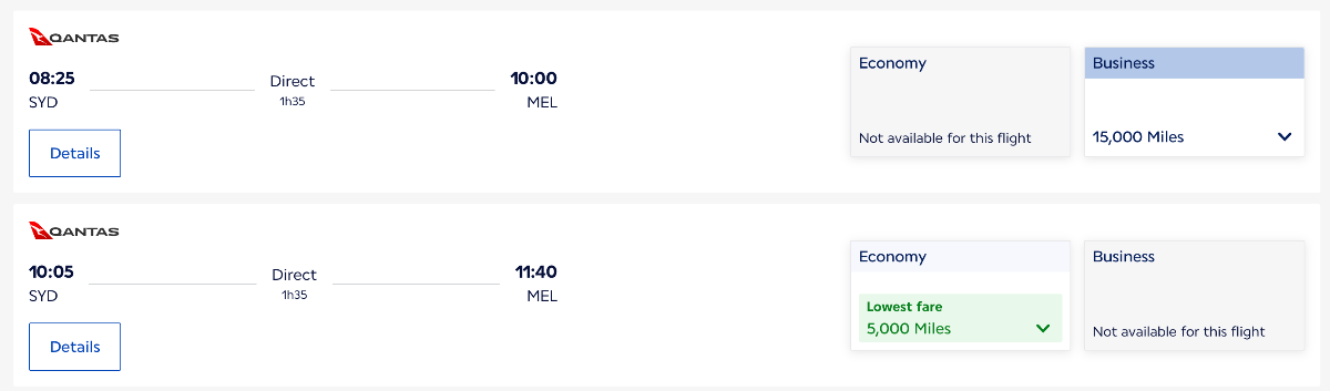 Screenshot of Qantas flights on Flying Blue website