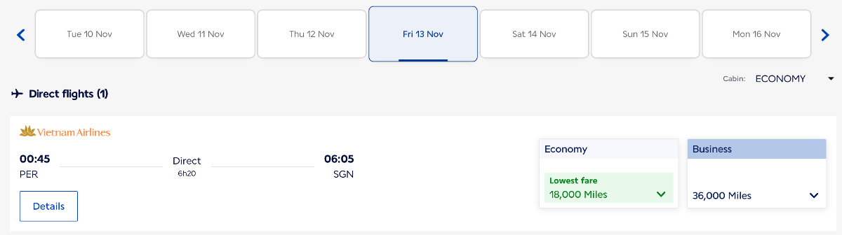 Screenshot of Vietnam Airlines award flights on Flying Blue website