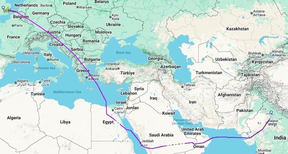 AI111 flight path from DEL to LHR