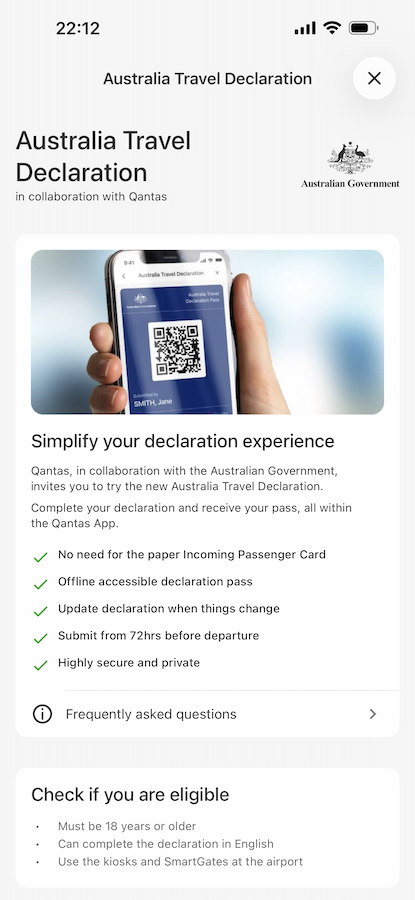 Australia Travel Declaration in the Qantas App