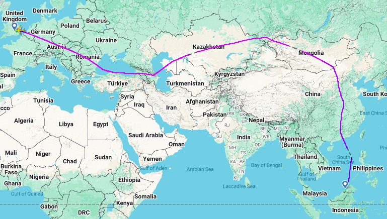 BI3 flight path from BWN to LHR