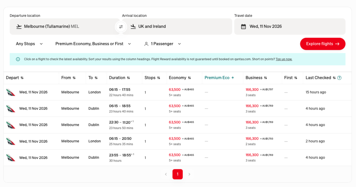 Qantas Flight Reward Finder search from Melbourne to UK