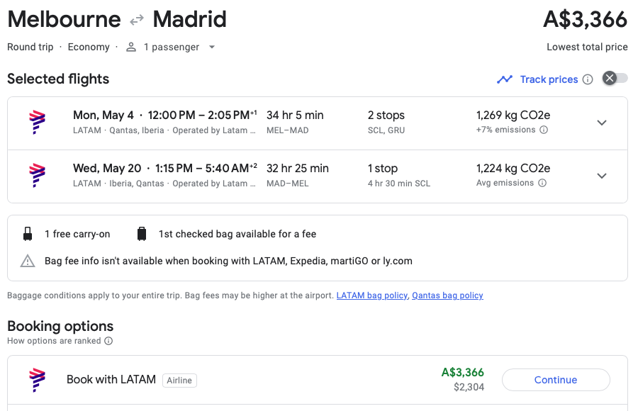 Google Flights itinerary from Melbourne to Madrid on LATAM Airlines