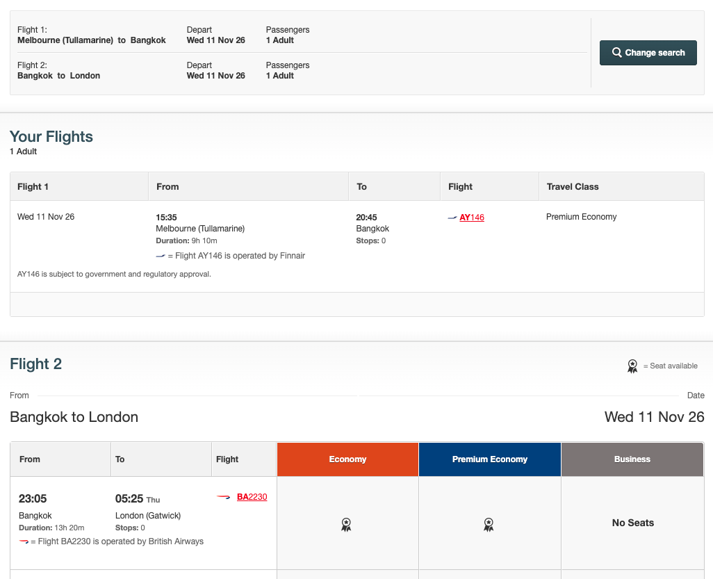 Booking a MEL-BKK-LGW award ticket on the Qantas website