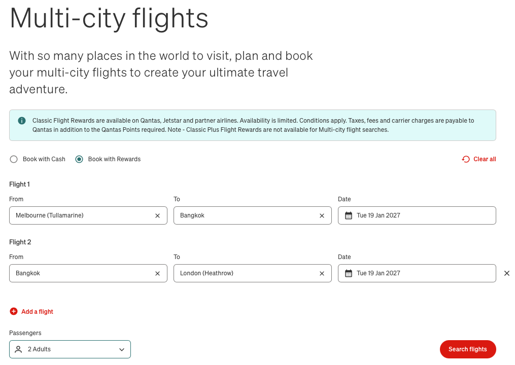 Booking a MEL-BKK-LHR flight on the Qantas website's multi-city tool