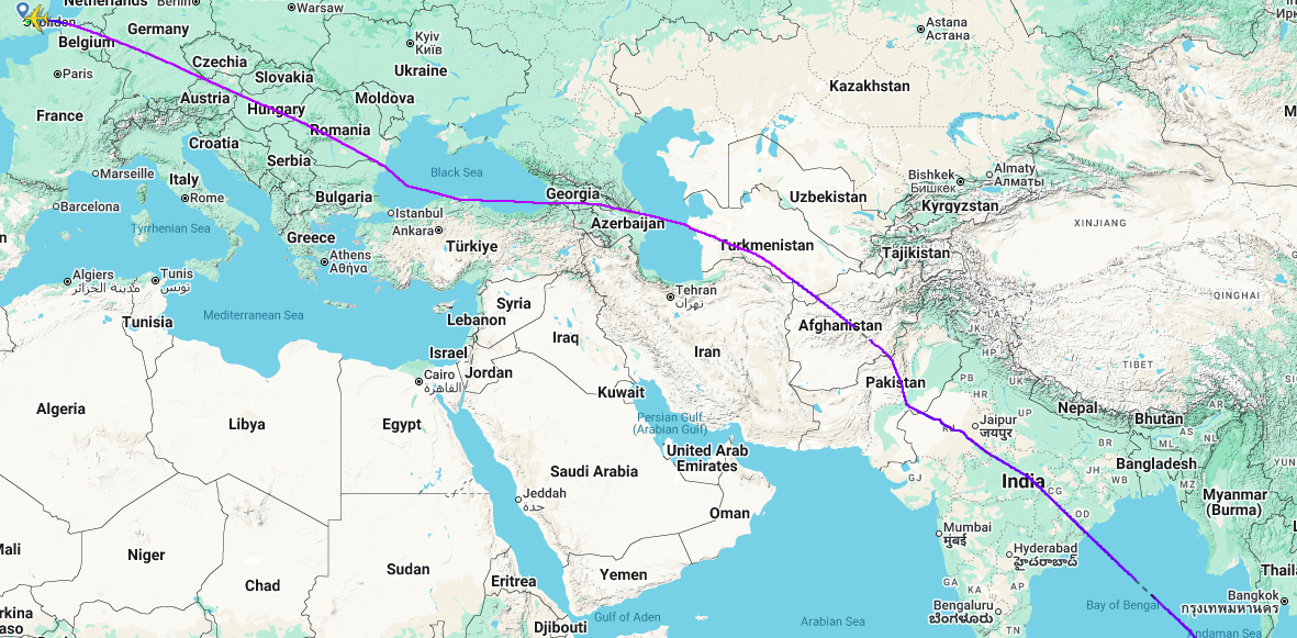 QF1 flight path over Central Asia in March 2026, as tracked on Flightradar24
